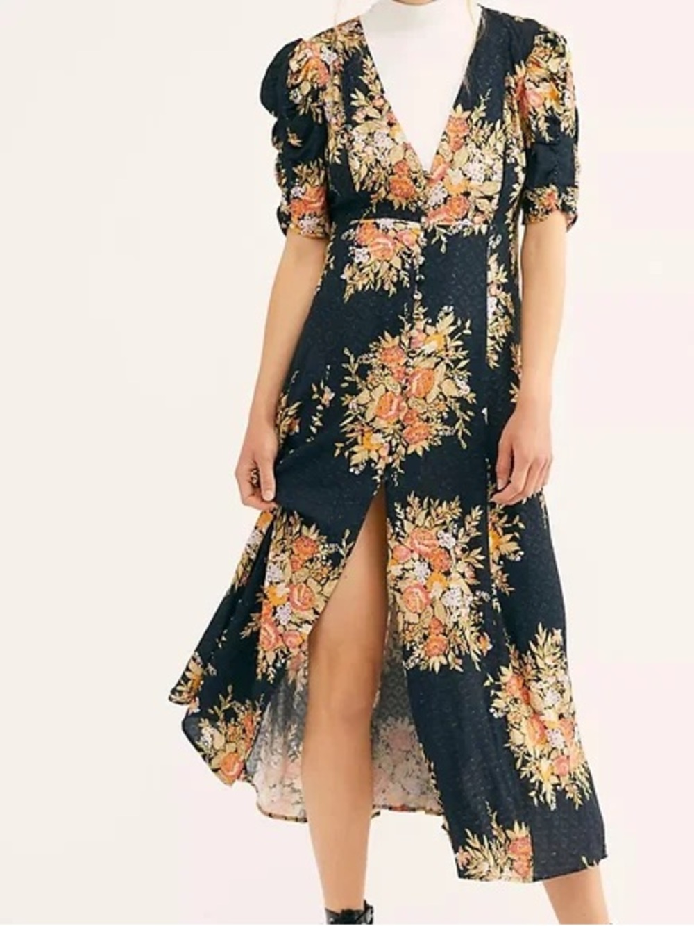 Free People Black Floral Maxi Dress with Orange and Yellow Blooms button front